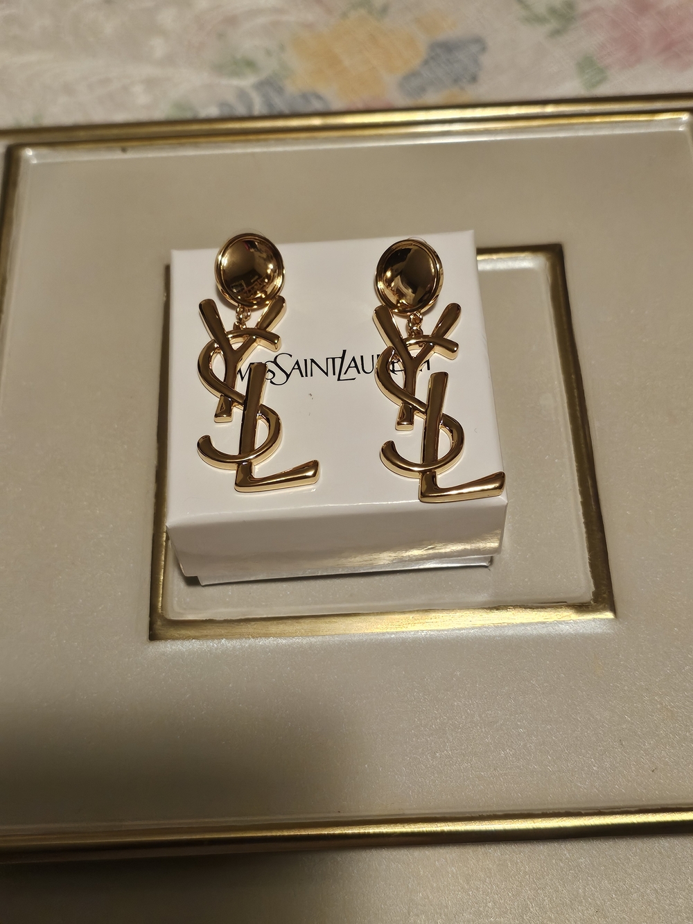 Saint Laurent Shiny Gold YSL Monogram Drop Earrings